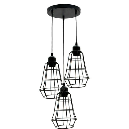 3-Light Cluster Pendant – Wire Cage Shades, Round Plate or Ceiling Bar - Black, Cage Black 200 mm Rose, Black Shade LO, Without Bulb