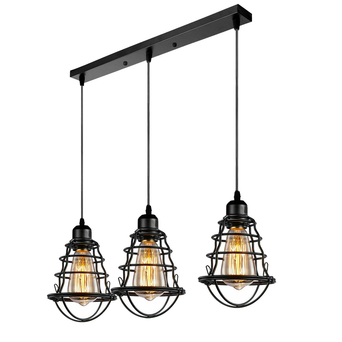 3-Light Cluster Pendant – Wire Cage Shades, Round Plate or Ceiling Bar - Black, Cage Black 500 mm Rose, Black Shade WV, Without Bulb