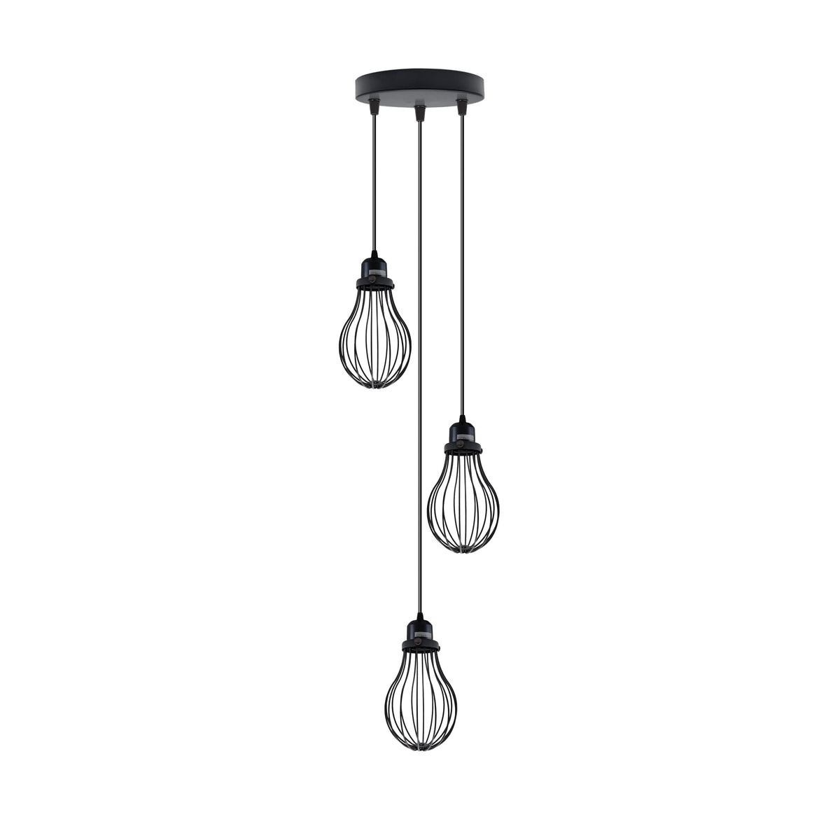 3-Light Cluster Pendant – Wire Cage Shades, Round Plate or Ceiling Bar - Black, Cage Black 200 mm Rose Shade Ring, Without Bulb