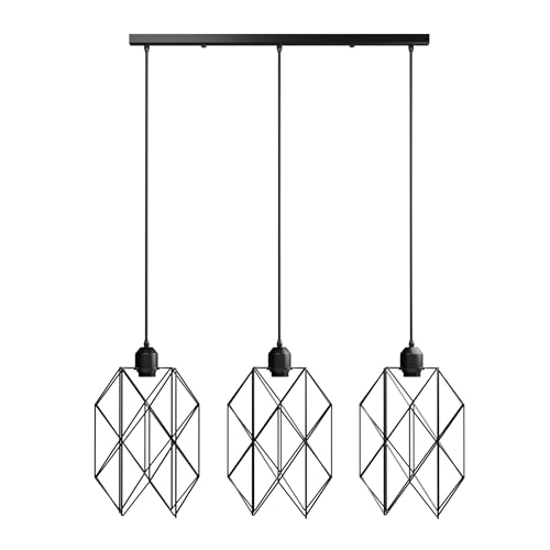 3-Light Cluster Pendant – Wire Cage Shades, Round Plate or Ceiling Bar - Black, Cage Black 500 mm Rose, Black Shade DF, Without Bulb