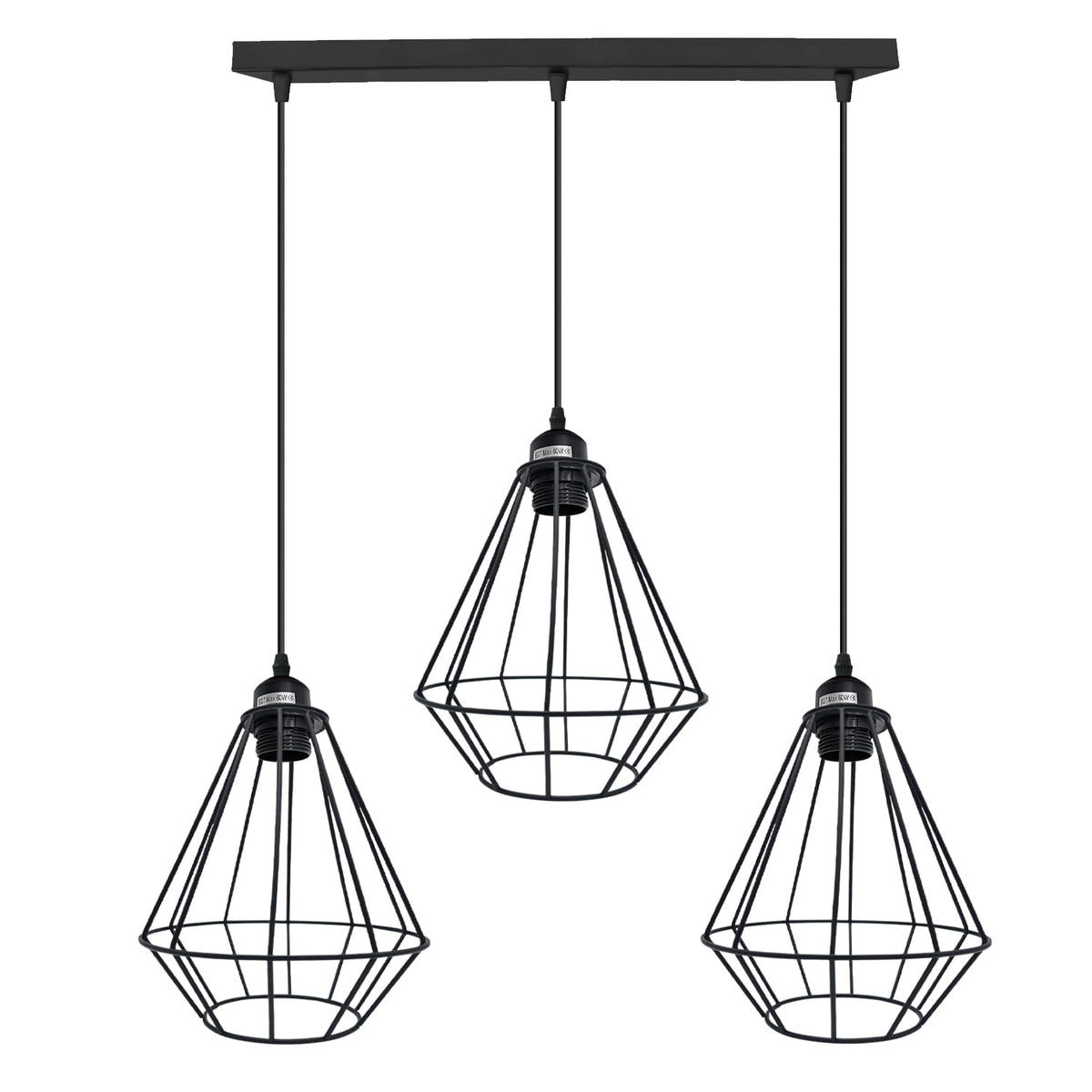 3-Light Cluster Pendant – Wire Cage Shades, Round Plate or Ceiling Bar - Black, Cage Black 500 mm Rose, Black Shade LN, Without Bulb