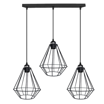 3-Light Cluster Pendant – Wire Cage Shades, Round Plate or Ceiling Bar - Black, Cage Black 500 mm Rose, Black Shade LN, Without Bulb