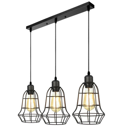 3-Light Cluster Pendant – Wire Cage Shades, Round Plate or Ceiling Bar - Black, Cage Black 500 mm Rose, Black Shade LO, Without Bulb