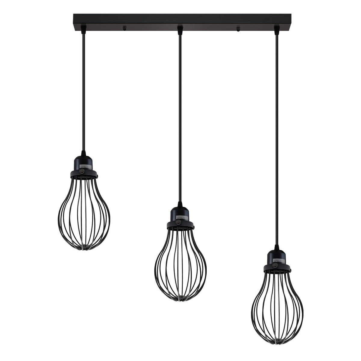 3-Light Cluster Pendant – Wire Cage Shades, Round Plate or Ceiling Bar - Black, Cage Black 500 mm Rose Shade Ring, Without Bulb