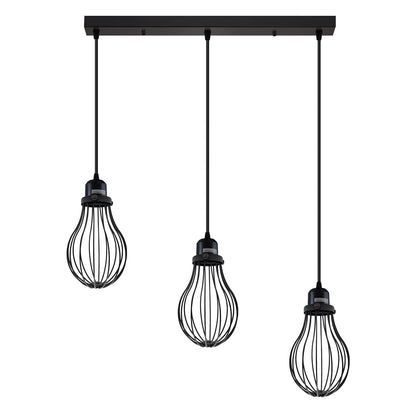 3-Light Cluster Pendant – Wire Cage Shades, Round Plate or Ceiling Bar - Black, Cage Black 500 mm Rose Shade Ring, Without Bulb