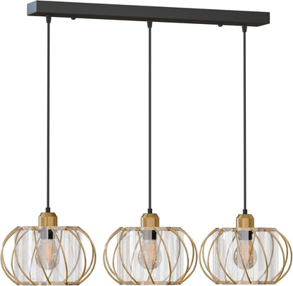 3-Light Cluster Pendant – Wire Cage Shades, Round Plate or Ceiling Bar - Black, Crystal Cage 18 cm Gold, Without Bulb