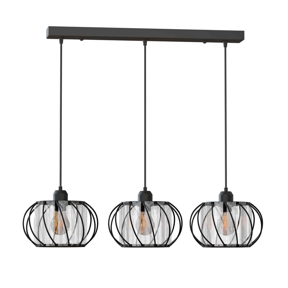 3-Light Cluster Pendant – Wire Cage Shades, Round Plate or Ceiling Bar - Black, Crystal Cage 18 cm Black, A60 LED Bulb 4W