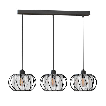 3-Light Cluster Pendant – Wire Cage Shades, Round Plate or Ceiling Bar - Black, Crystal Cage 18 cm Black, A60 LED Bulb 4W