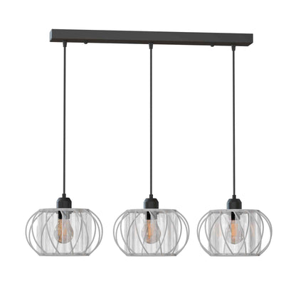 3-Light Cluster Pendant – Wire Cage Shades, Round Plate or Ceiling Bar - Black, Crystal Cage 18 cm White, A60 LED Bulb 4W
