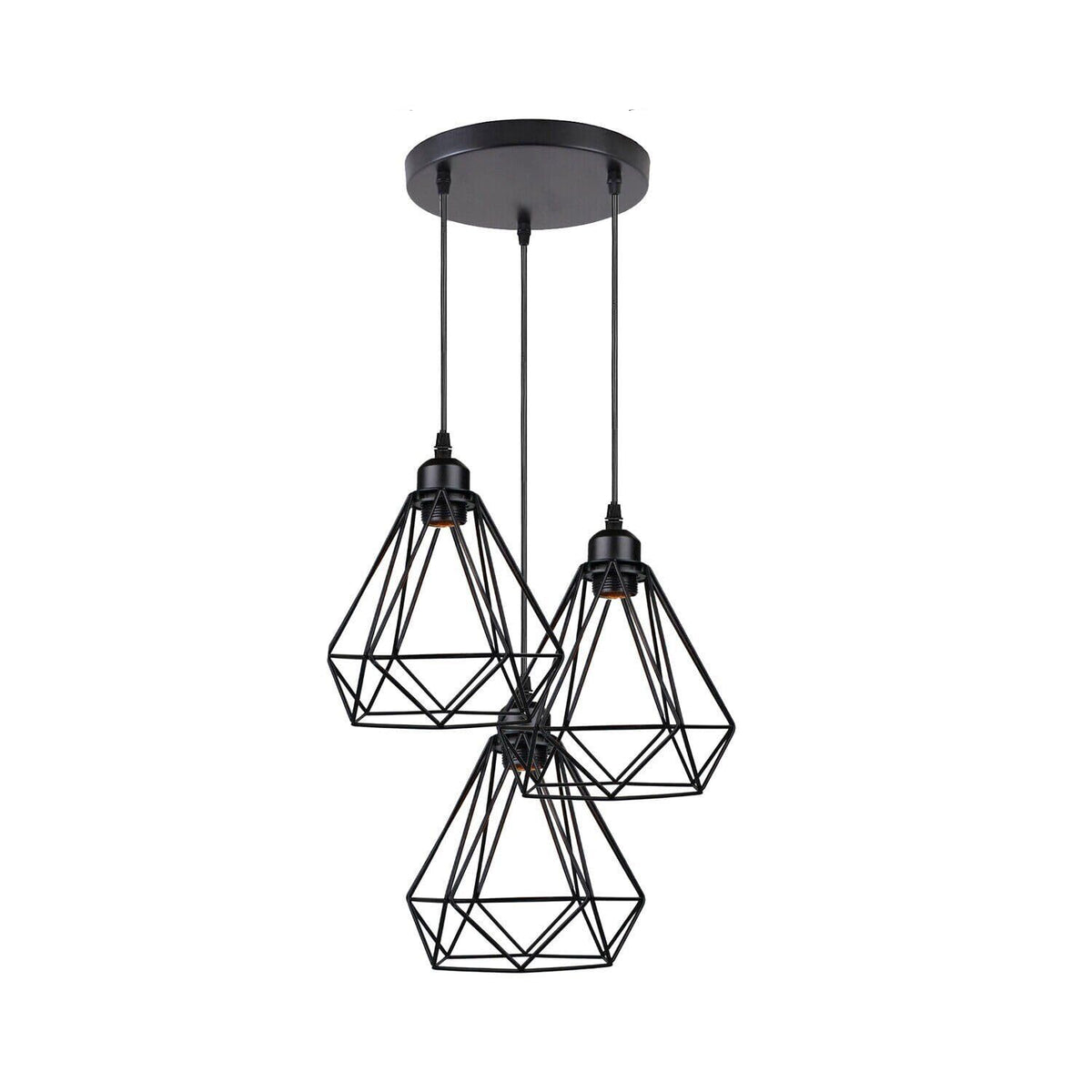 3-Light Cluster Pendant – Wire Cage Shades, Round Plate or Ceiling Bar - Black, Diamond Cage Black 200 mm Rose, Black Shade DT, Without Bulb