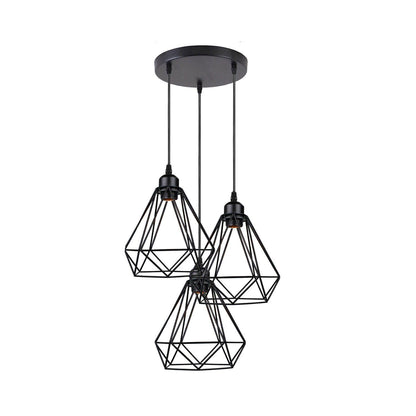 3-Light Cluster Pendant – Wire Cage Shades, Round Plate or Ceiling Bar - Black, Diamond Cage Black 200 mm Rose, Black Shade DT, Without Bulb