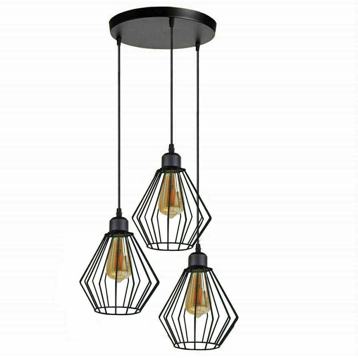 3-Light Cluster Pendant – Wire Cage Shades, Round Plate or Ceiling Bar - Black, Diamond Cage Black 200 mm Rose, Black Shade WD, Without Bulb