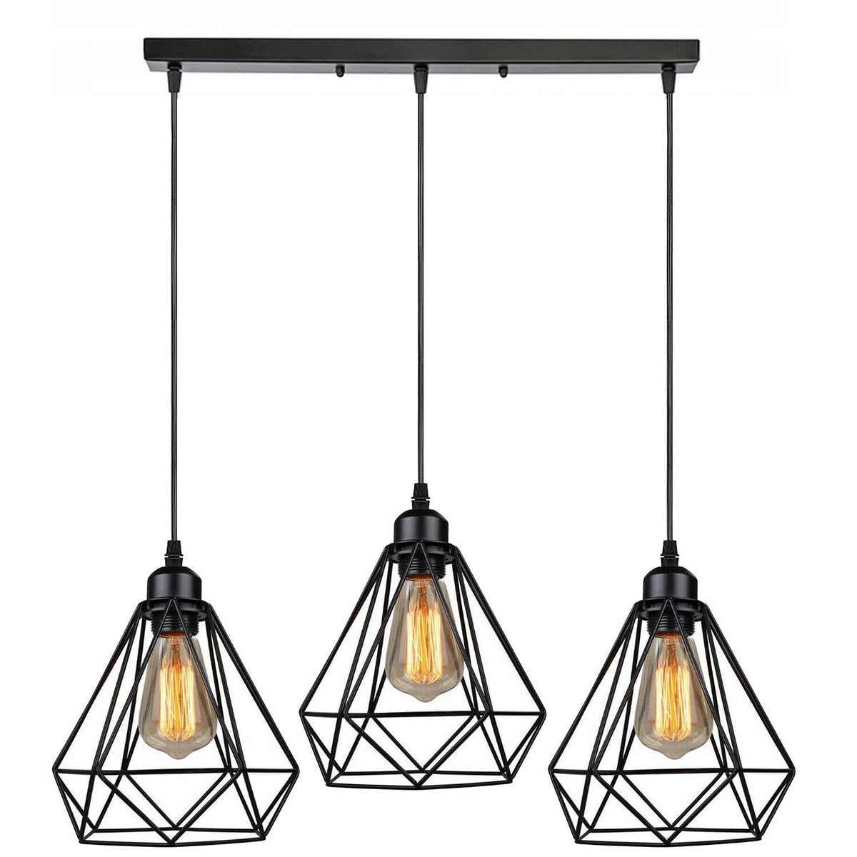3-Light Cluster Pendant – Wire Cage Shades, Round Plate or Ceiling Bar - Black, Diamond Cage Black 500 mm Rose, Without Bulb