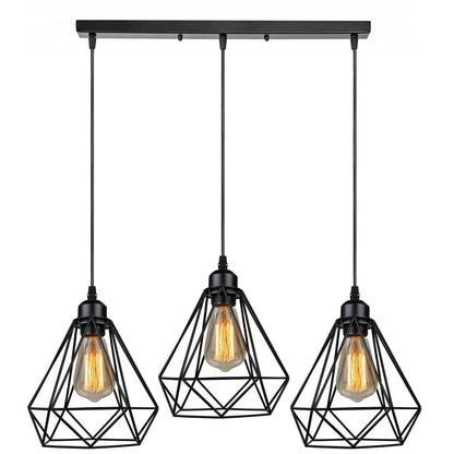 3-Light Cluster Pendant – Wire Cage Shades, Round Plate or Ceiling Bar - Black, Diamond Cage Black 500 mm Rose, Without Bulb