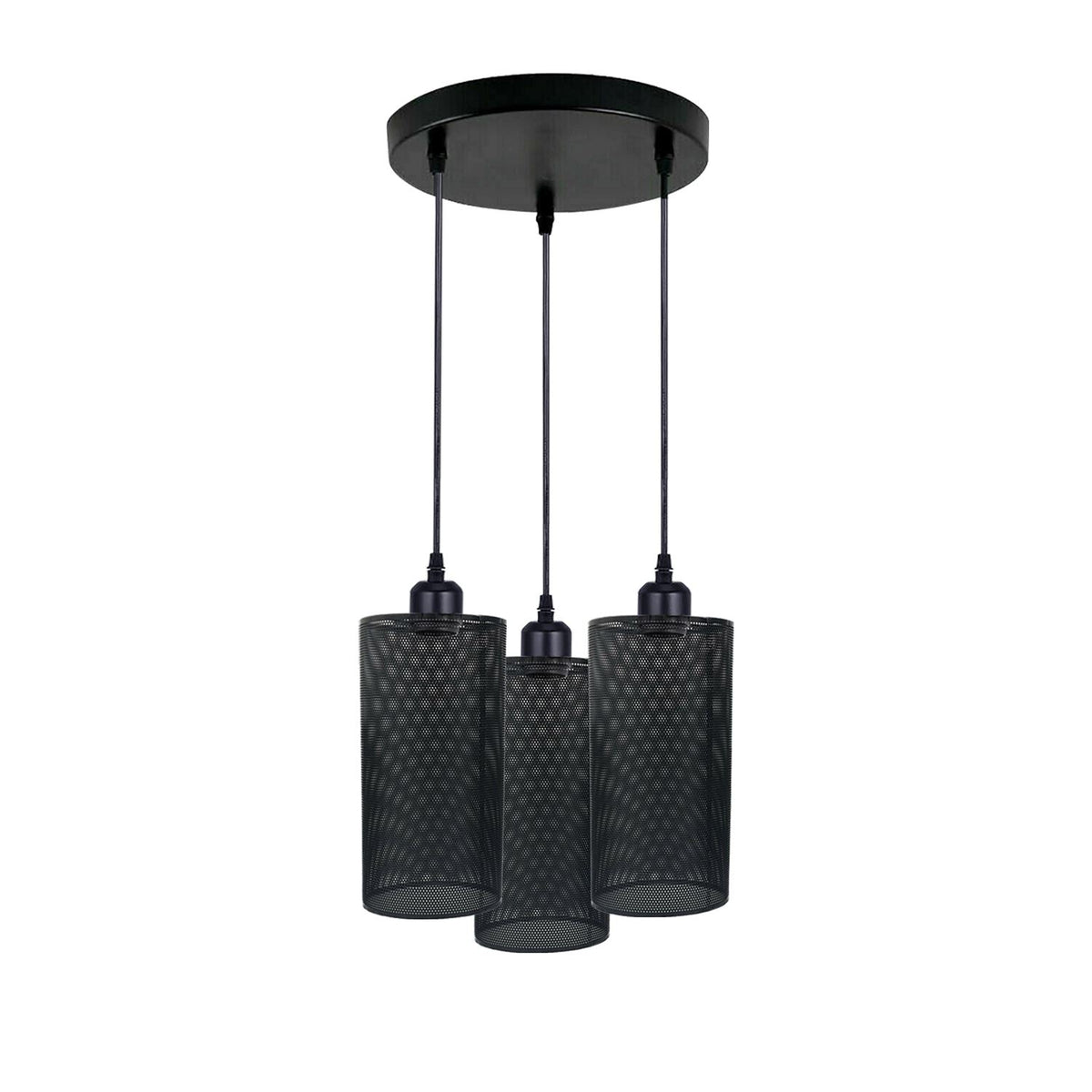 3-Light Cluster Pendant – Wire Cage Shades, Round Plate or Ceiling Bar - Black, Drum Black, Without Bulb