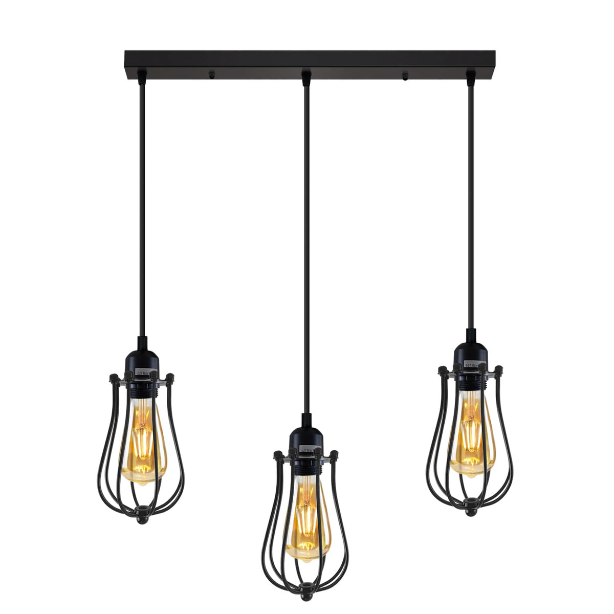3-Light Cluster Pendant – Wire Cage Shades, Round Plate or Ceiling Bar - Black, Round Cage Black 500 mm Rose, T130 LED Bulb 4W