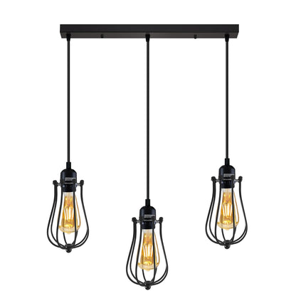 3-Light Cluster Pendant – Wire Cage Shades, Round Plate or Ceiling Bar - Black, Round Cage Black 500 mm Rose, T130 LED Bulb 4W