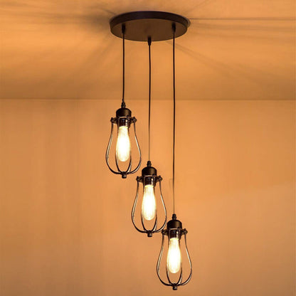3-Light Cluster Pendant – Wire Cage Shades, Round Plate or Ceiling Bar - Black, Round Cage Black 200 mm Rose, T130 LED Bulb 4W
