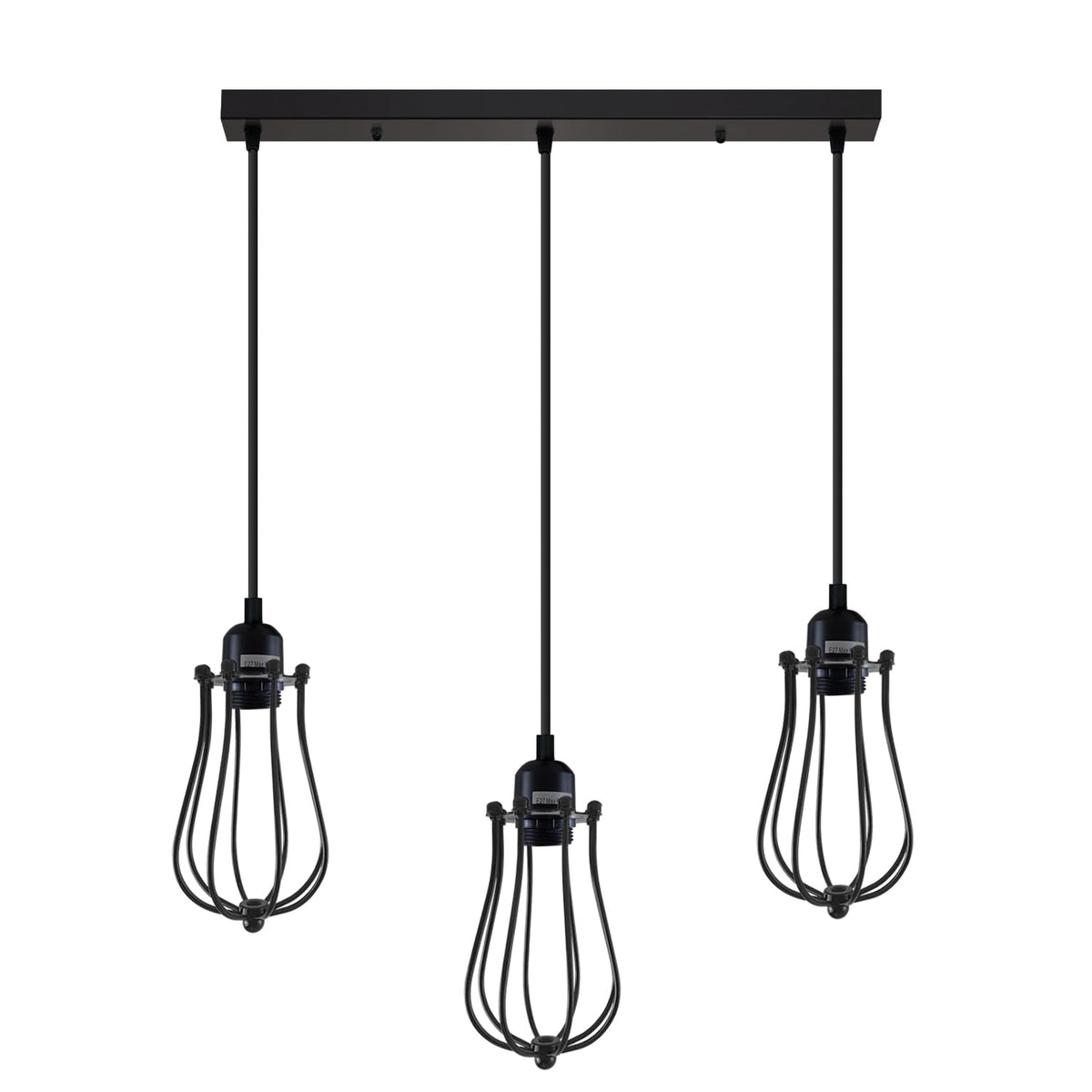 3-Light Cluster Pendant – Wire Cage Shades, Round Plate or Ceiling Bar - Black, Round Cage Black 500 mm Rose, Without Bulb