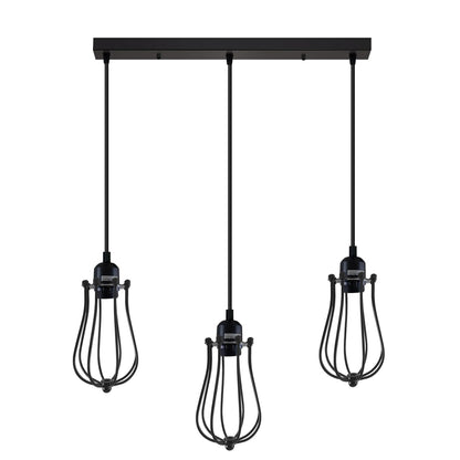 3-Light Cluster Pendant – Wire Cage Shades, Round Plate or Ceiling Bar - Black, Round Cage Black 500 mm Rose, Without Bulb