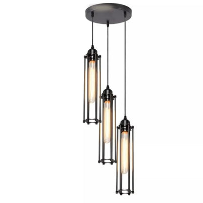 3-Light Cluster Pendant – Wire Cage Shades, Round Plate or Ceiling Bar - Black, Tube Cage Black, T185 LED Bulb 4W
