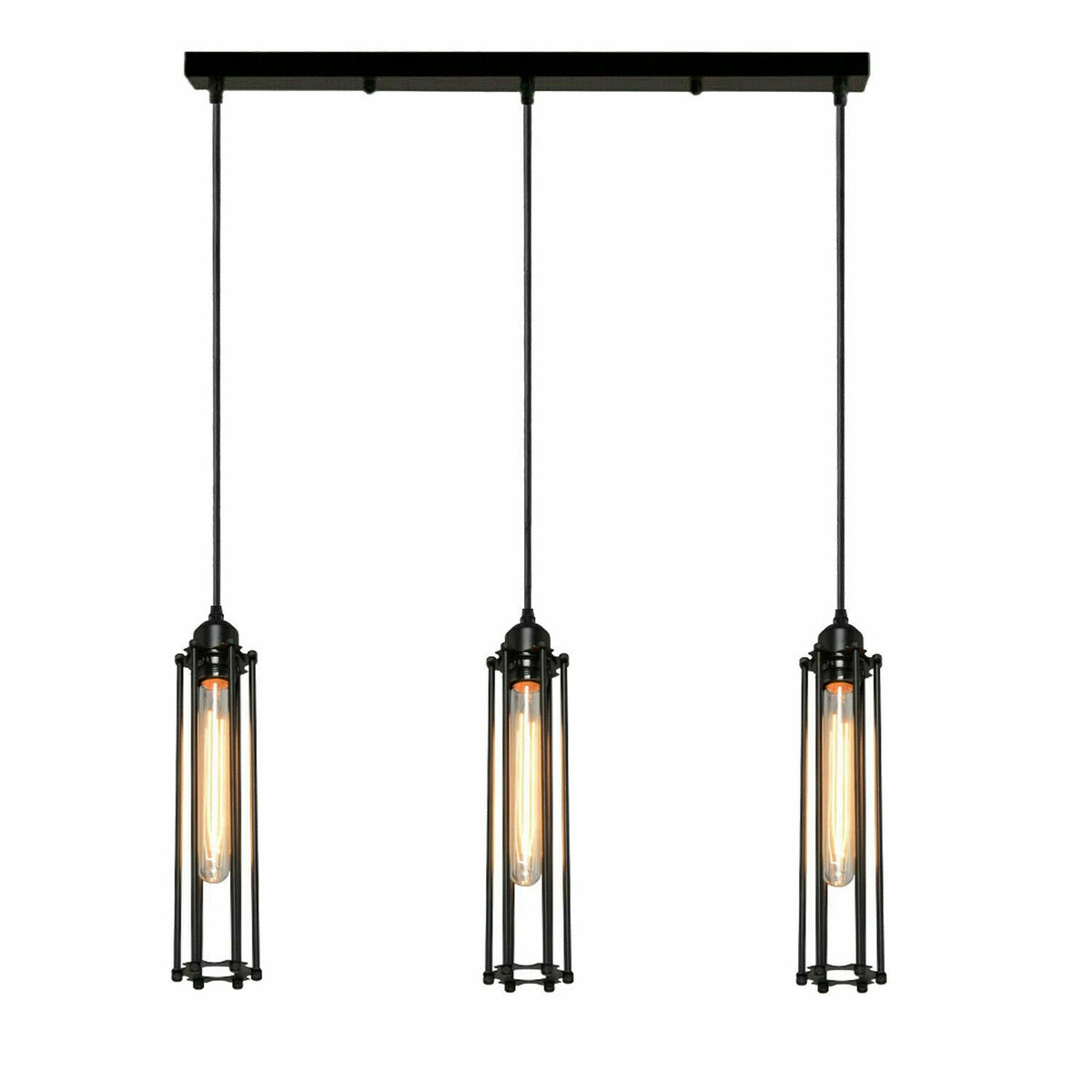 3-Light Cluster Pendant – Wire Cage Shades, Round Plate or Ceiling Bar - Black, Tube Cage Black 500 mm Rose, Without Bulb