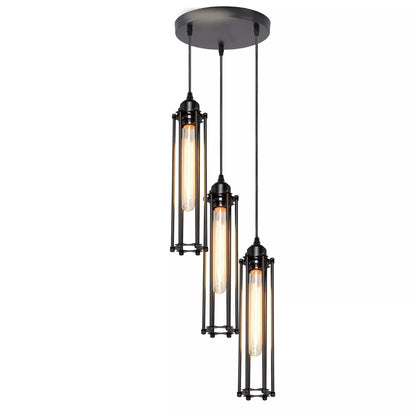 3-Light Cluster Pendant – Wire Cage Shades, Round Plate or Ceiling Bar - Black, Tube Cage Black 200 mm Rose, Without Bulb