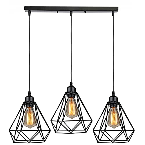 3-Light Cluster Pendant – Wire Cage Shades, Round Plate or Ceiling Bar - Black, Wire Cage Black, ST64 LED Bulb 4W