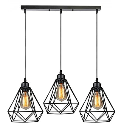 3-Light Cluster Pendant – Wire Cage Shades, Round Plate or Ceiling Bar - Black, Wire Cage Black, ST64 LED Bulb 4W
