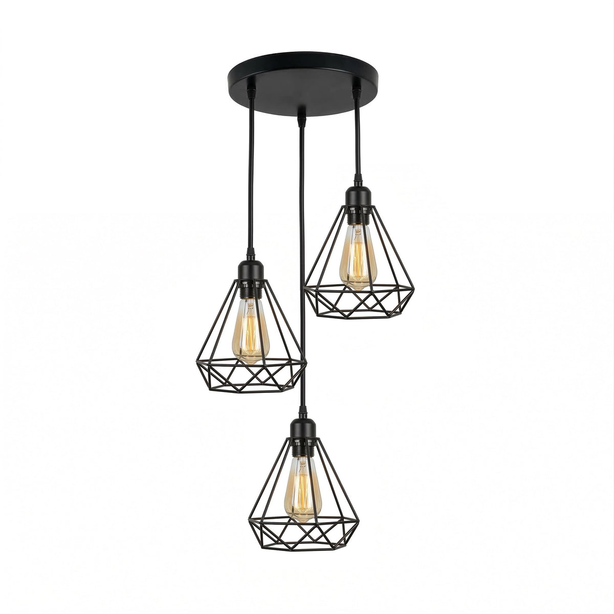 3-Light Cluster Pendant – Wire Cage Shades, Round Plate or Ceiling Bar - Black, Wire Cage Black 200 mm Rose, Without Bulb
