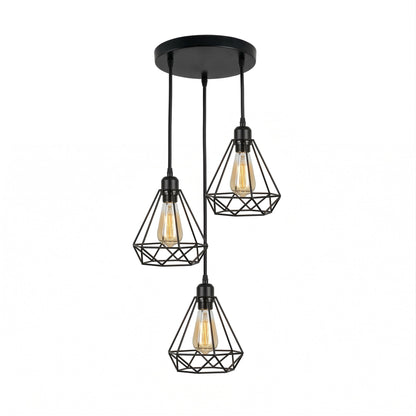 3-Light Cluster Pendant – Wire Cage Shades, Round Plate or Ceiling Bar - Black, Wire Cage Black 200 mm Rose, Without Bulb