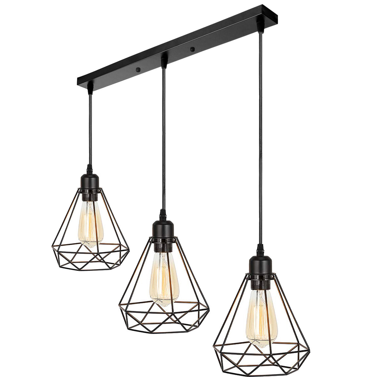 3-Light Cluster Pendant – Wire Cage Shades, Round Plate or Ceiling Bar - Black, Wire Cage Black 500 mm Rose, Without Bulb