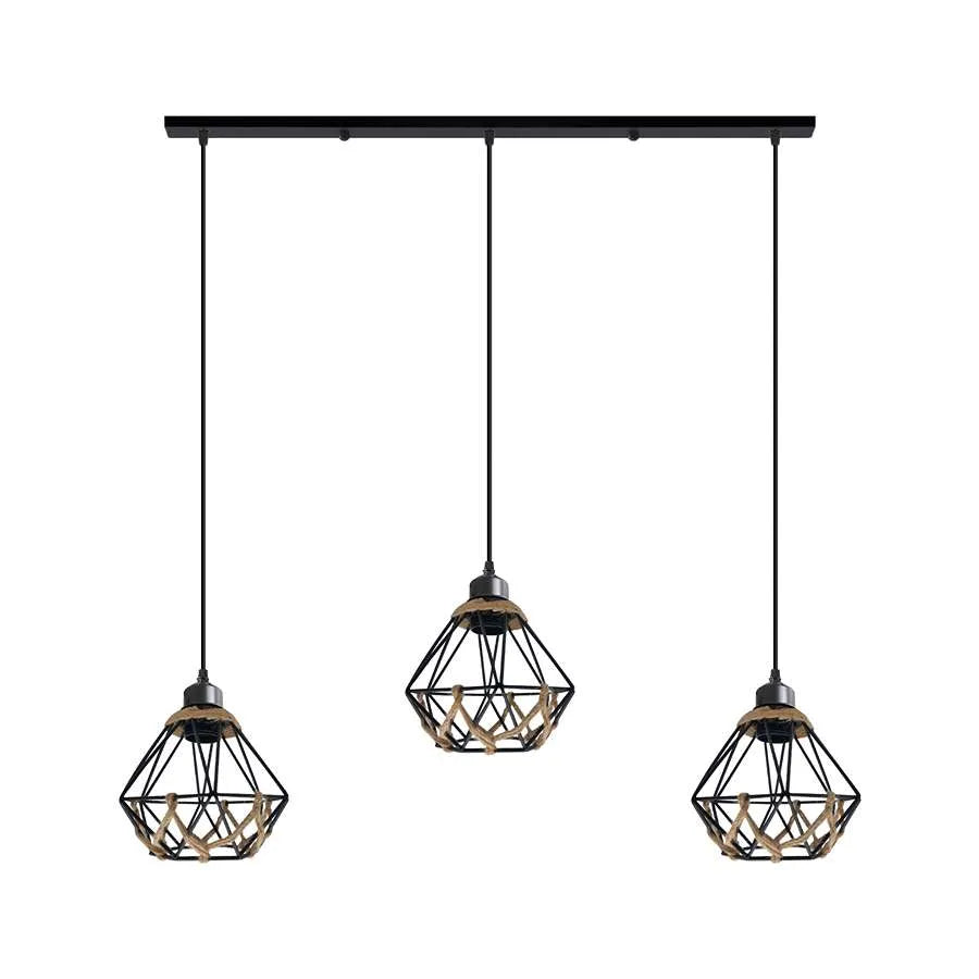 3-Light Cluster Pendant – Wire Cage Shades, Round Plate or Ceiling Bar - Black, Woven Cage Black 500 mm Rose, Without Bulb