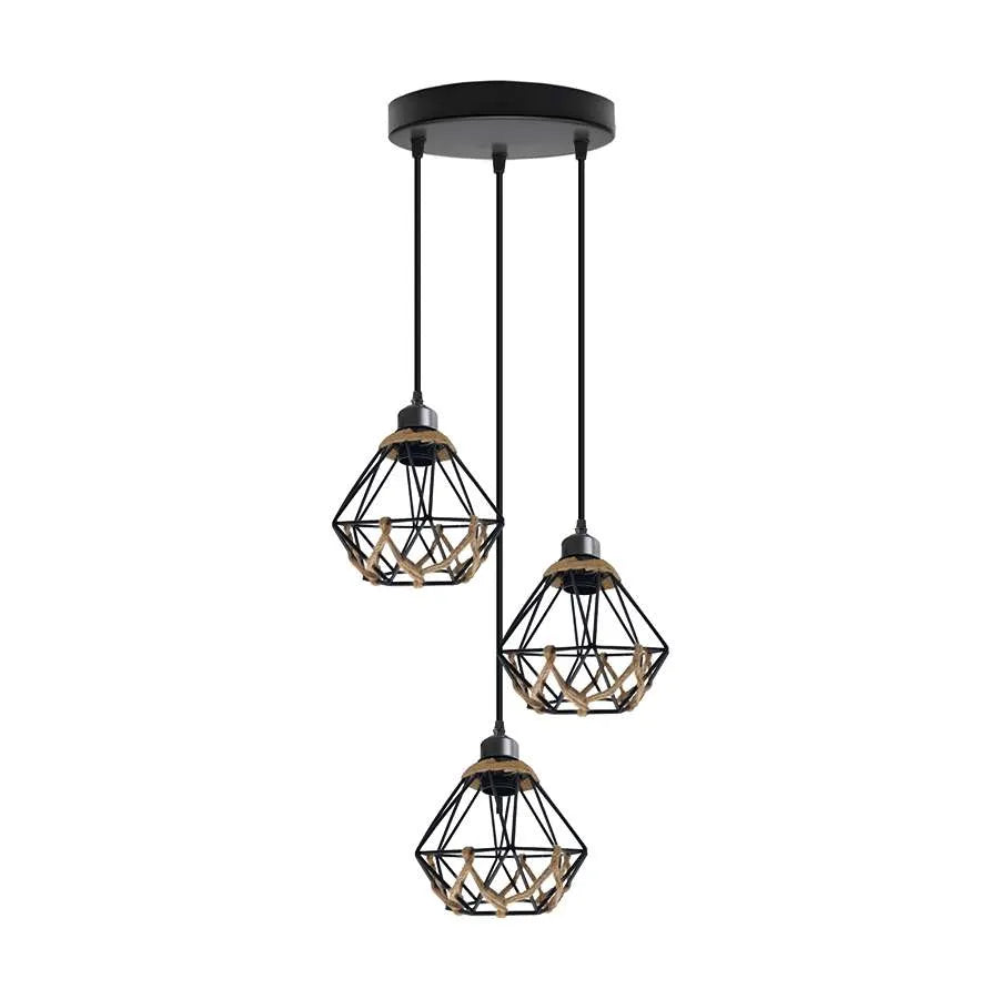 3-Light Cluster Pendant – Wire Cage Shades, Round Plate or Ceiling Bar - Black, Woven Cage Black 200 mm Rose, Without Bulb