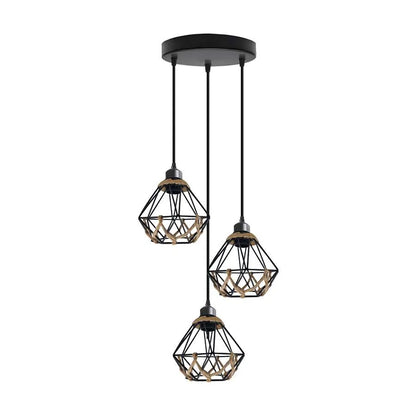 3-Light Cluster Pendant – Wire Cage Shades, Round Plate or Ceiling Bar - Black, Woven Cage Black 200 mm Rose, Without Bulb