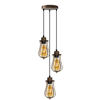3-Light Cluster Pendant – Wire Cage Shades, Round Plate or Ceiling Bar - Brushed Copper, Round Cage Brushed Copper, T130 LED Bulb 4W
