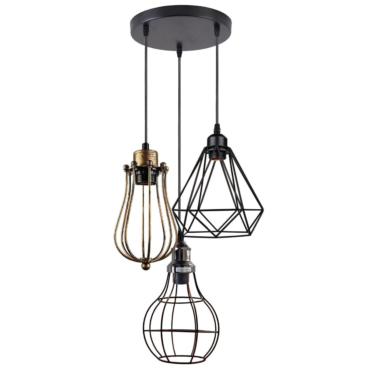 3-Light Cluster Pendant – Wire Cage Shades, Round Plate or Ceiling Bar - Brushed Copper, Round Cage Brushed Copper 200 mm Rose, Pendant Set, Pendant Set, Pendant Set, Brushed Copper Shade BN, Black Shade DC, Rustic Red Shade VC, Without Bulb