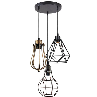 3-Light Cluster Pendant – Wire Cage Shades, Round Plate or Ceiling Bar - Brushed Copper, Round Cage Brushed Copper 200 mm Rose, Pendant Set, Pendant Set, Pendant Set, Brushed Copper Shade BN, Black Shade DC, Rustic Red Shade VC, Without Bulb