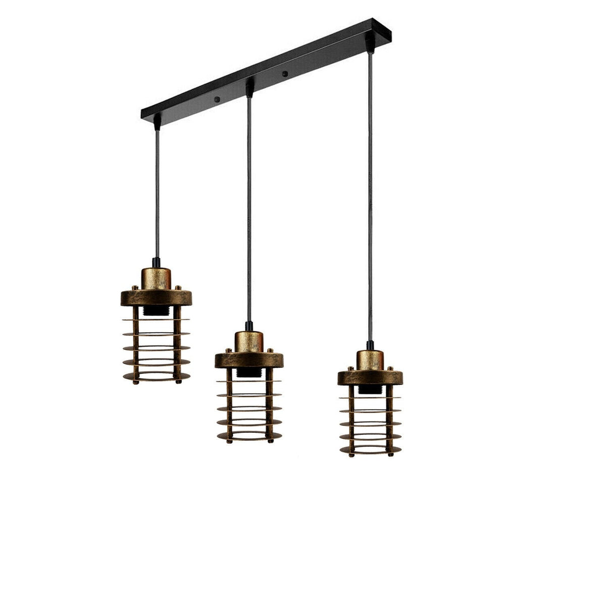 3-Light Cluster Pendant – Wire Cage Shades, Round Plate or Ceiling Bar - Brushed Copper, Bulb Guard Brushed Copper 500 mm Rose, Without Bulb