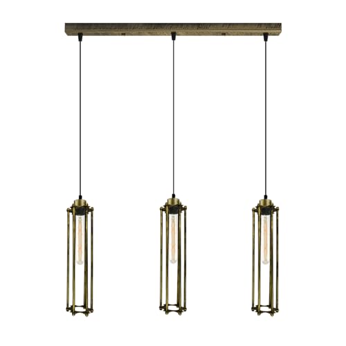 3-Light Cluster Pendant – Wire Cage Shades, Round Plate or Ceiling Bar - Brushed Copper, Tube Cage Brushed Brass 500 mm Rose, ST185 LED Bulb 4W