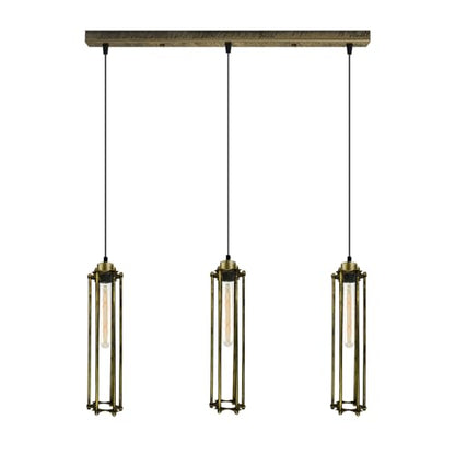 3-Light Cluster Pendant – Wire Cage Shades, Round Plate or Ceiling Bar - Brushed Copper, Tube Cage Brushed Brass 500 mm Rose, ST185 LED Bulb 4W