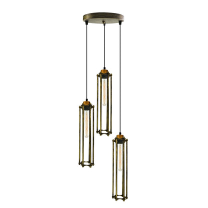 3-Light Cluster Pendant – Wire Cage Shades, Round Plate or Ceiling Bar - Brushed Copper, Tube Cage Brushed Brass 200 mm Rose, ST185 LED Bulb 4W