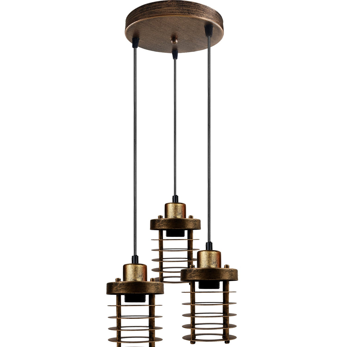 3-Light Cluster Pendant – Wire Cage Shades, Round Plate or Ceiling Bar - Brushed Copper, Bulb Guard Brushed Copper 200 mm Rose, Without Bulb