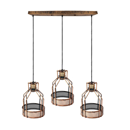 3-Light Cluster Pendant – Wire Cage Shades, Round Plate or Ceiling Bar - Brushed Copper, Bird Cage Brushed Copper, Without Bulb
