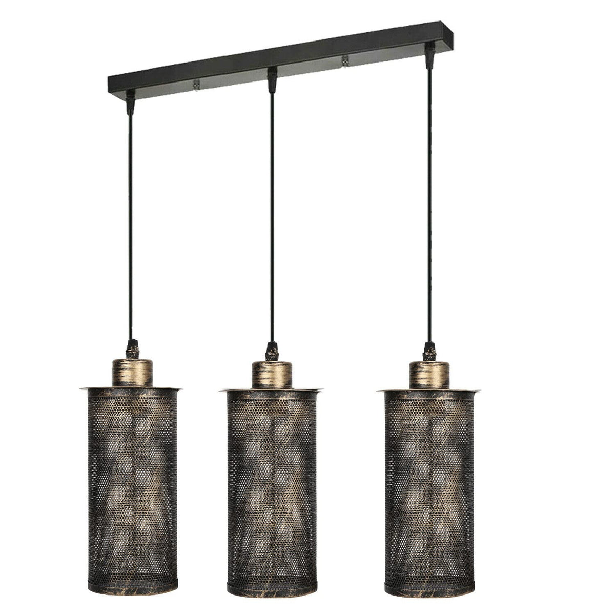 3-Light Cluster Pendant – Wire Cage Shades, Round Plate or Ceiling Bar - Brushed Copper, Barrel Cage Brushed Copper 500 mm Rose, Without Bulb