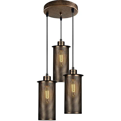 3-Light Cluster Pendant – Wire Cage Shades, Round Plate or Ceiling Bar - Brushed Copper, Barrel Cage Brushed Copper 200 mm Rose, Without Bulb