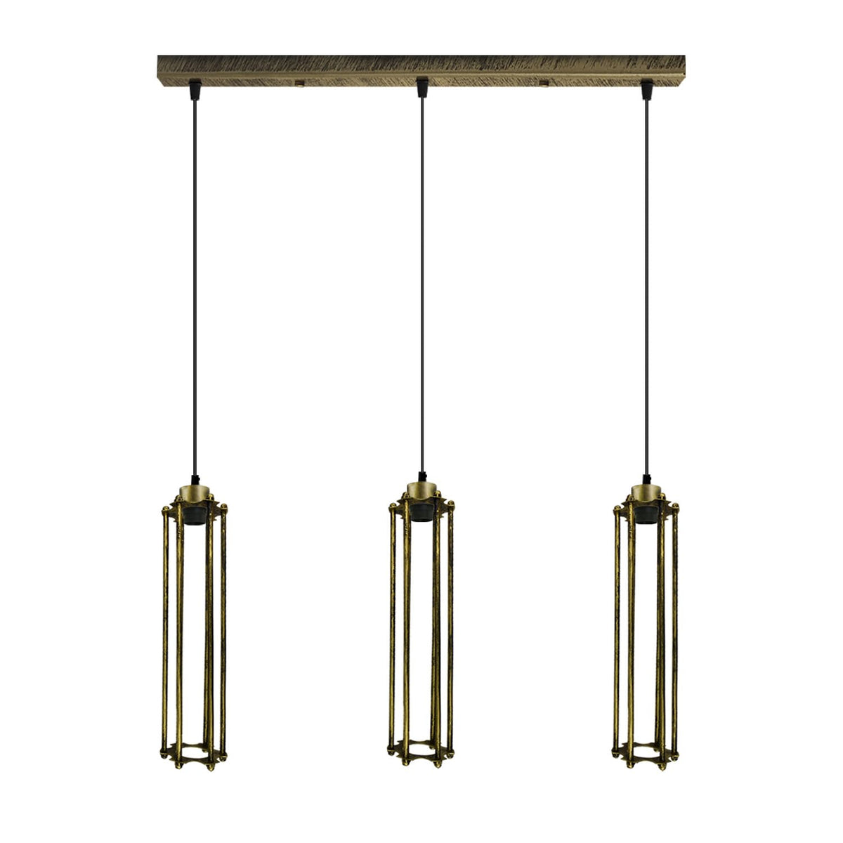 3-Light Cluster Pendant – Wire Cage Shades, Round Plate or Ceiling Bar - Brushed Copper, Tube Cage Brushed Brass 500 mm Rose, Without Bulb