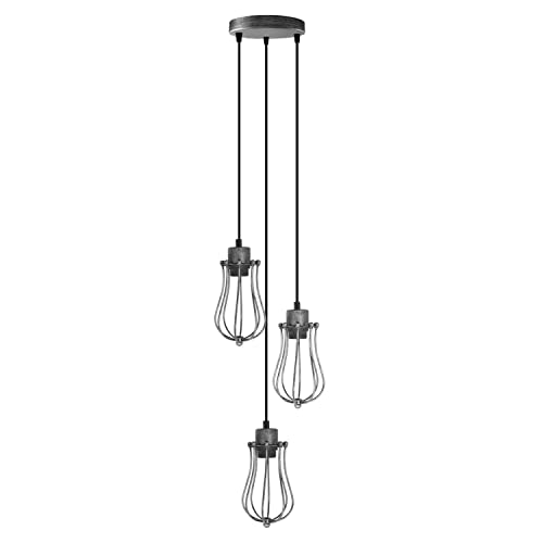 3-Light Cluster Pendant – Wire Cage Shades, Round Plate or Ceiling Bar - Brushed Silver, Round Cage Brushed Silver, Without Bulb