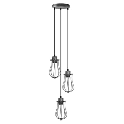 3-Light Cluster Pendant – Wire Cage Shades, Round Plate or Ceiling Bar - Brushed Silver, Round Cage Brushed Silver, Without Bulb