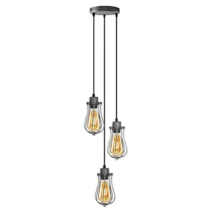 3-Light Cluster Pendant – Wire Cage Shades, Round Plate or Ceiling Bar - Brushed Silver, Round Cage Brushed Silver, T130 LED Bulb 4W